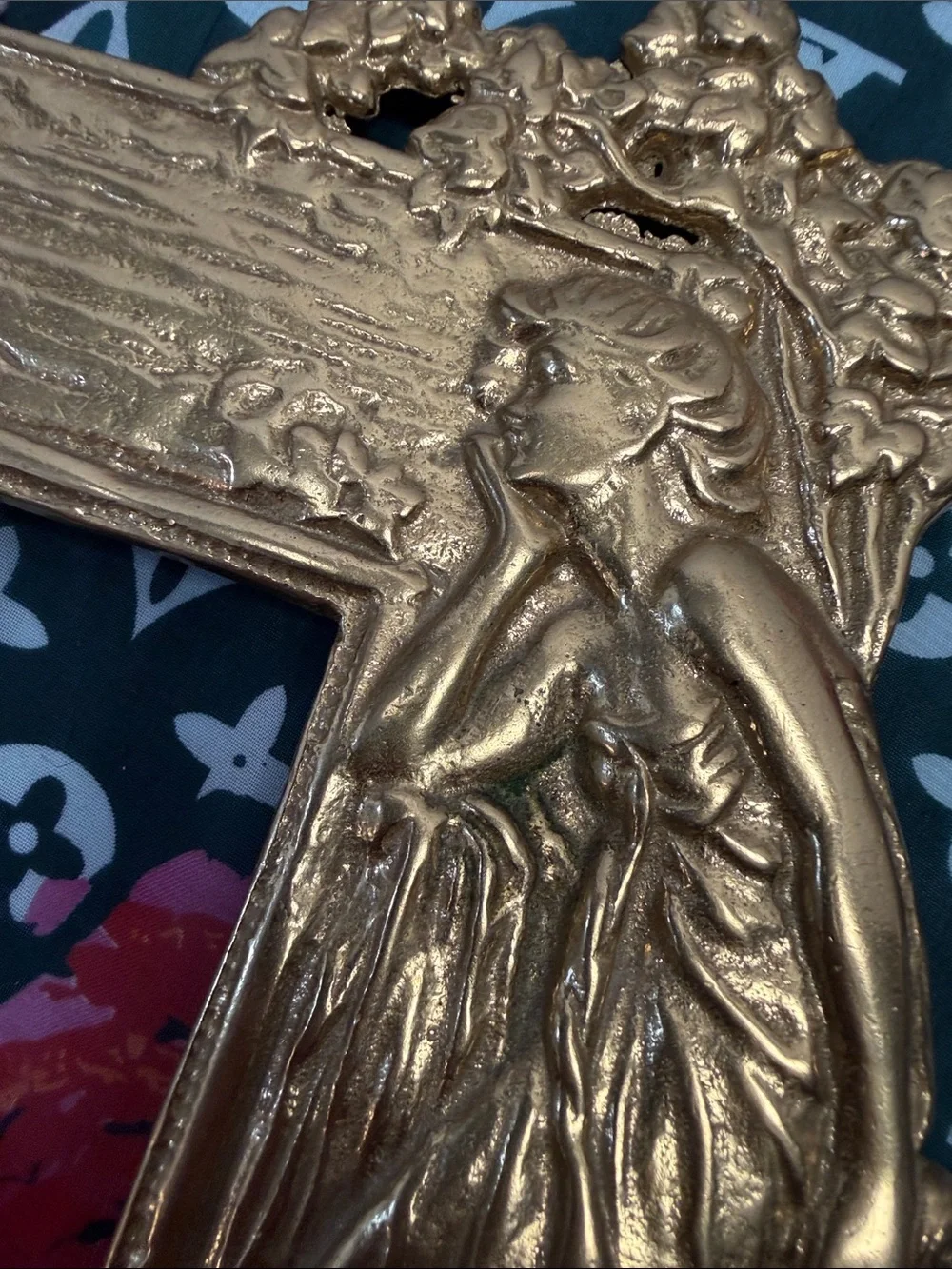 Vtg art nouveau cast iron brass repousse fairy lady floral table frame